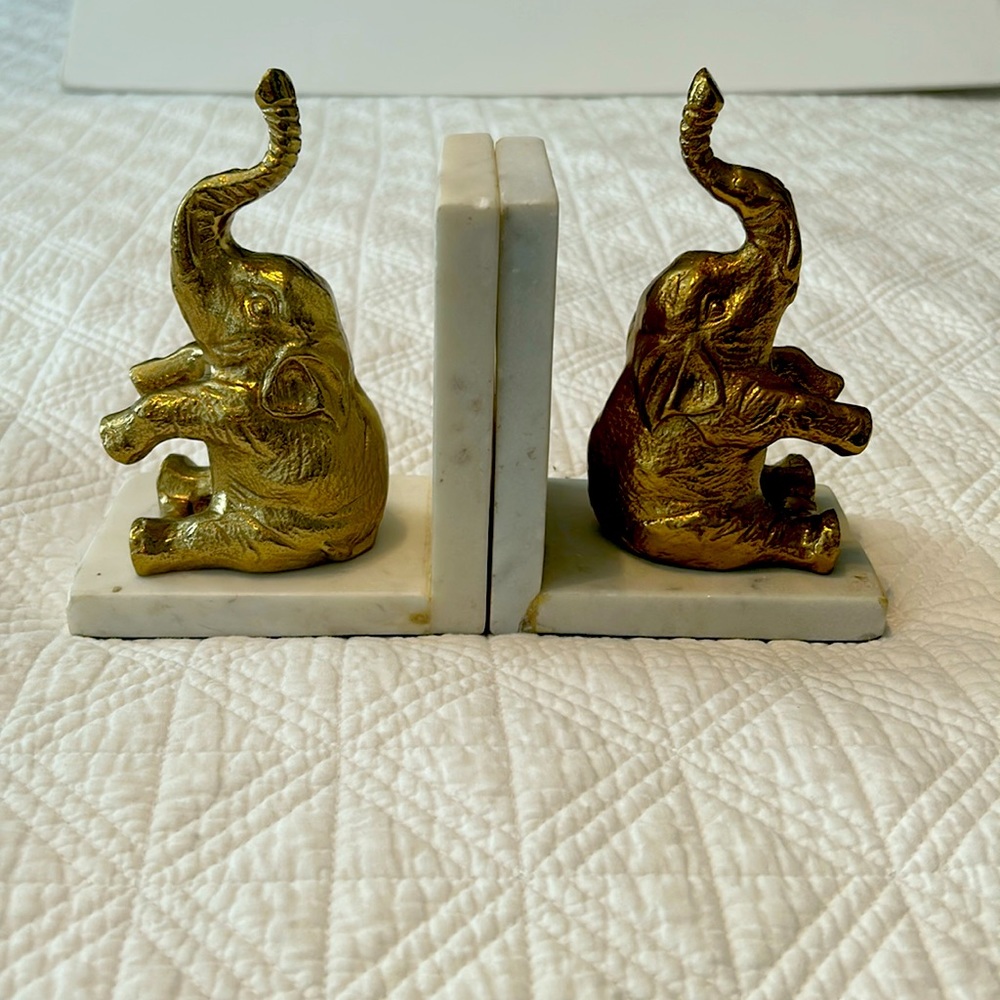 Vintage Gold Elephant with White Marble Bookends